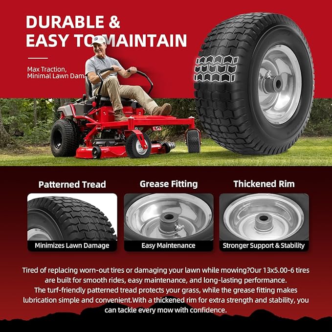 13x5.00-6 Tire and Wheel Flat Free Assemblies (2 Pack),13 x5x6 Solid Rubbe Tires and Wheel for Riding Lawn Mower - With 3/4" Bushings (Extra 5/8" Bushings) and 3" Centered Hub (Gray)