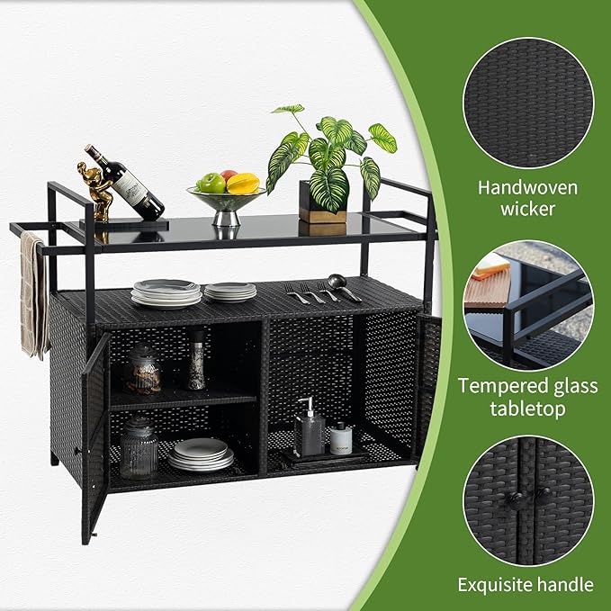 Outdoor Wicker Bar Cart, 51.18" Patio Wine Serving Cart with Tempered Glass Top, Rolling Beverage Table with Wheels & Storage Shelf for Garden, Backyard & Poolside, Black