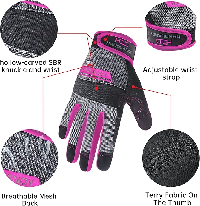 HANDLANDY Work Gloves for Women, Breathable Leather Gardening Glove for Yard Maintenance, Hand Protection with Touch Screen for Gardeners, Farmers