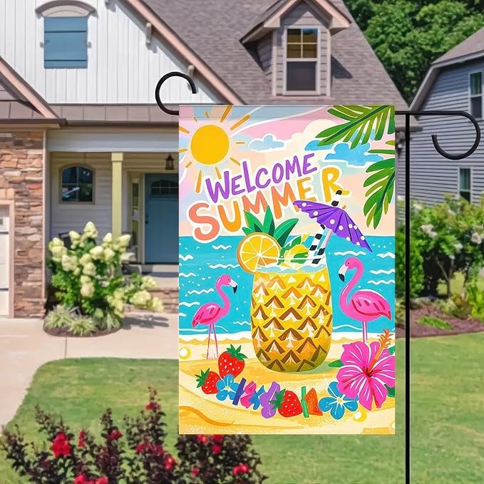 Welcome Summer Garden Flag 12x18 Double Sided Flamingo Sunshine Hawaii Tropical Beach Holiday Garden Flags Welcome Summer Tropical Ocean Sea Yard Flag for Seasonal Outdoor Party Decoration