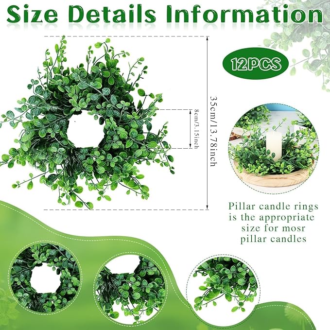 12 Pcs Mini Green Boxwood Candle Rings Wreaths Spring Summer Kitchen Cabinet Swags Wreath 3 Inch Wedding Rings Wreaths Pillar Candle Holder for Wedding Home Door Tabletop Decor (12, Green Boxwood)