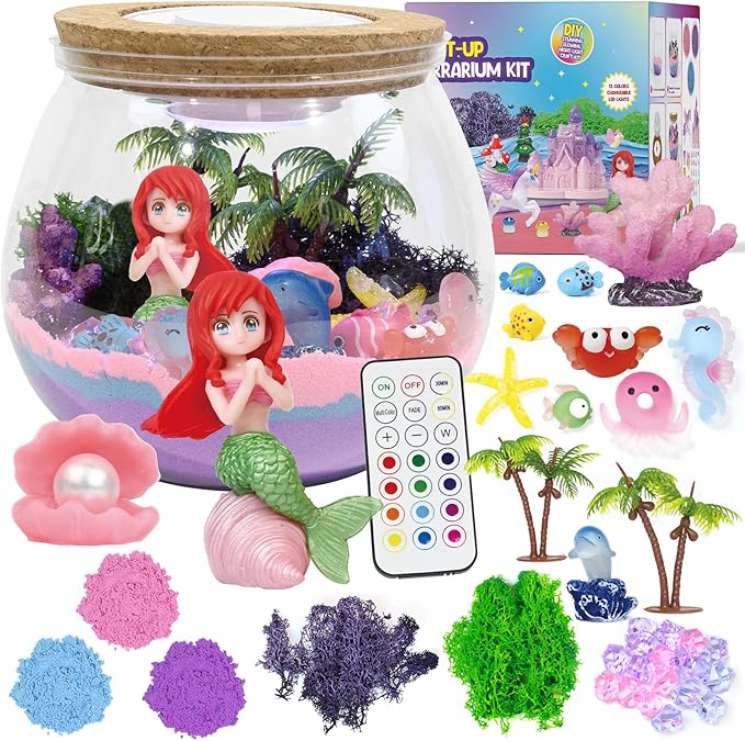 lonfypeng Mermaid Terrarium Kit for Kids - LED Night Light Birthday Gift for Girls Ages 4 5 6 7 8-12 Year Old - Toys for Girl - DIY Arts and Crafts Kit for Kids - Best Girls Presents (Mermaid)