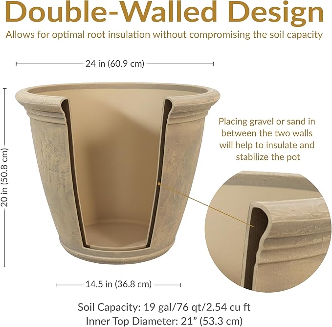 Sunnydaze 24-Inch Anjelica Large Plastic Pot for Plants - Double-Walled Outdoor Polyresin Round Planter Porch Pot with Drillable Drainage Holes - Beige