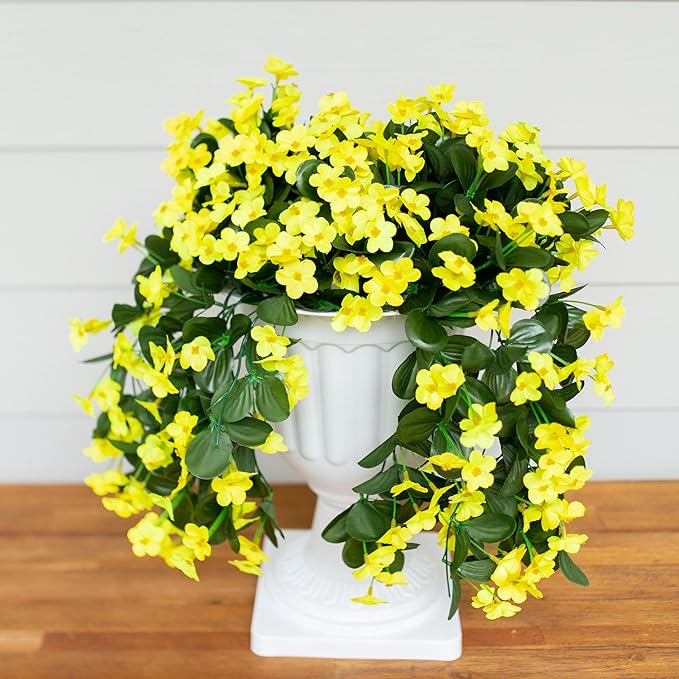 Artificial Fake Hanging Plants Flowers for Outdoor Outside, 2 PCS Faux Silk Yellow Daisy Mums Long Vines UV Resistant Realistic for Home Porch Patio Balcony Planter Decoration
