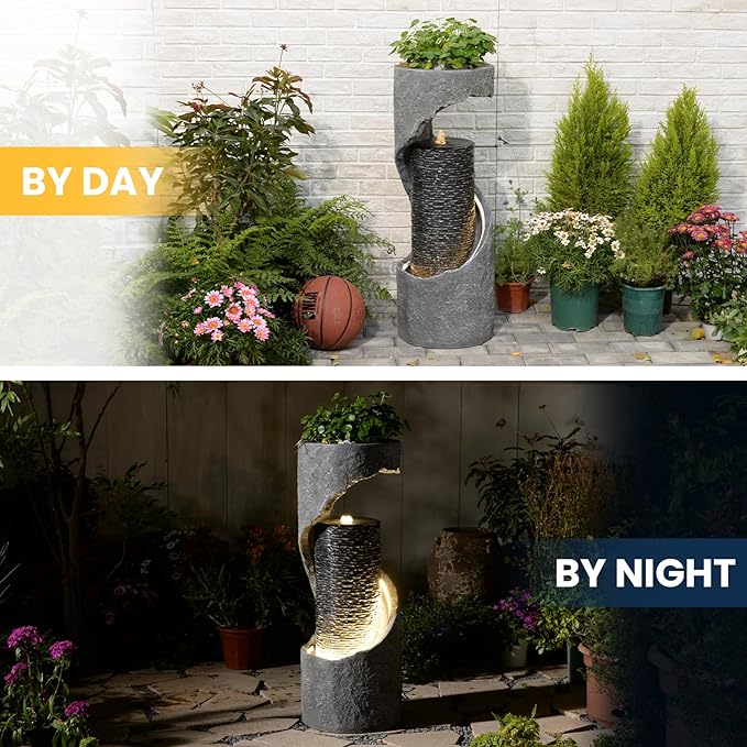 35.4" H Water Fountain Outdoor Water Feature Indoor,Modern Spiral Water Fall Fountains for Outside for Garden, Patio, Deck, Yard, Porch, Office with Lights Home Art Decor