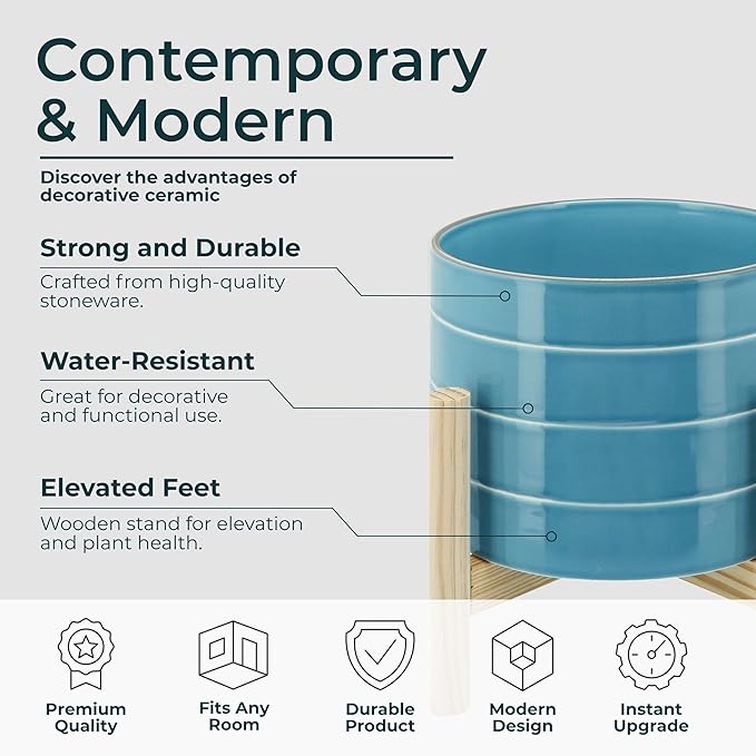 Ceramic Planter with Wooden Stand – Modern Home Decor Stoneware Plant Pot with Elevated Base – Decorative Indoor & Outdoor Planter with Legs for Living Room, Bedroom, Patio, or Garden – 9", Blue