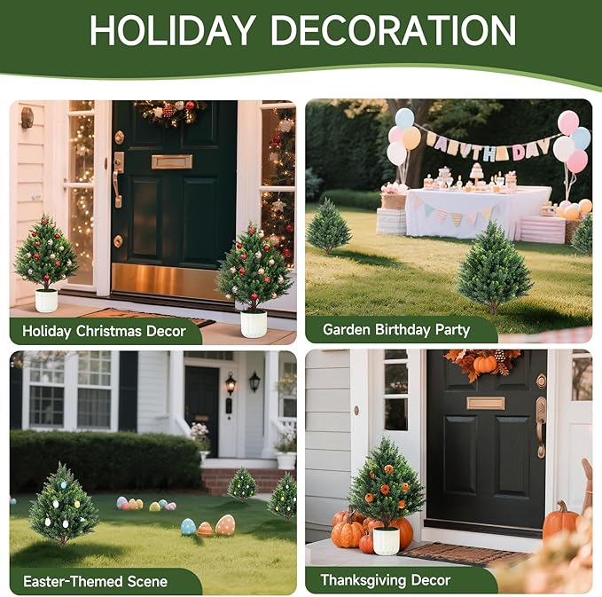 Gladeup 2FT Artificial Cedar Topiary Trees Set of 2 Detachable Planter & Spike,UV Resistant Faux Plants Outdoor and Indoor,Realistic Fake Bushes Pine Tree for Front Porch Decor Patio Offices Green