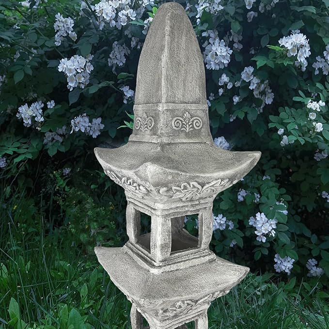 GRASOLAR 35.5’’High Asian Zen Pagoda Magnesium Oxide Tall Lantern Statue Outdoor Sculpture for Garden Backyard Decor Pagoda Statue Miniature Tower Lantern Landscape Garden Decoration