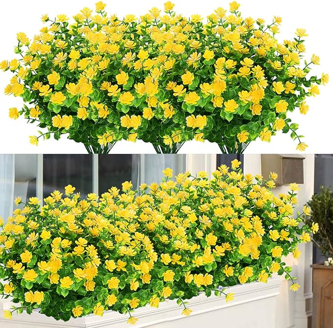 ArtBloom 24 Bundles Outdoor Artificial Flowers UV Resistant Fake Boxwood Plants, Faux Greenery for Indoor Outside Hanging Plants Garden Porch Window Box Home Wedding Farmhouse Décor (Yellow)