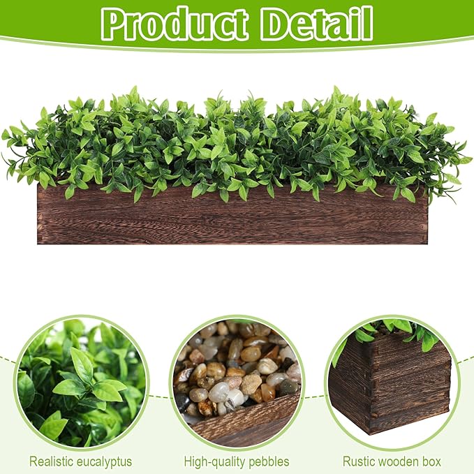 Lyrow 2 Pack Artificial Eucalyptus Plant in Rectangular Rustic Wooden Planter Box Faux Potted Herb Plant Table Centerpiece for Kitchen Windowsill Shelf Decor (Brown,24 '')