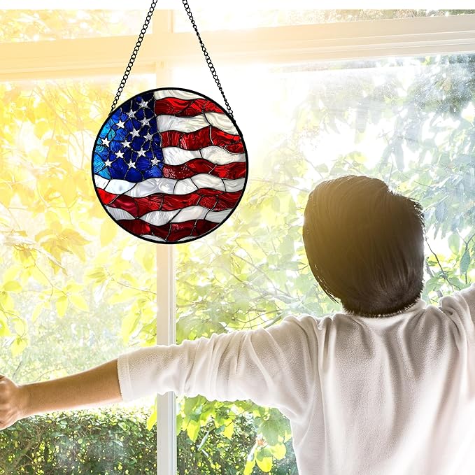 Stained Glass Window Hanging, Blue, White Red National Flag Pattern Sun Catchers Diamond Glass Panel Window Hangings Decor for Birthday Gifts for Women, Men, and Mom 6.3x6.3 in