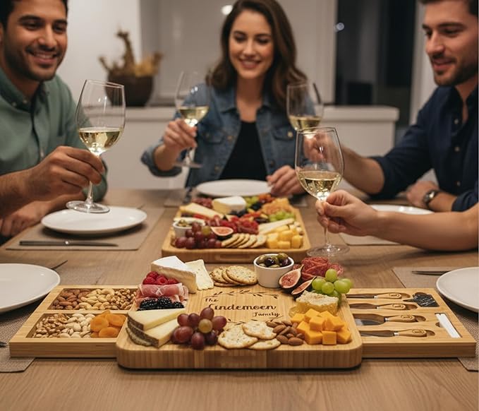 Personalized Charcuterie Board Set, Custom Engraved Bamboo Cheese Board, Christmas, Wedding and Housewarming Gift for Couples, Anniversary and Bridal Shower (2 DRAWERS)