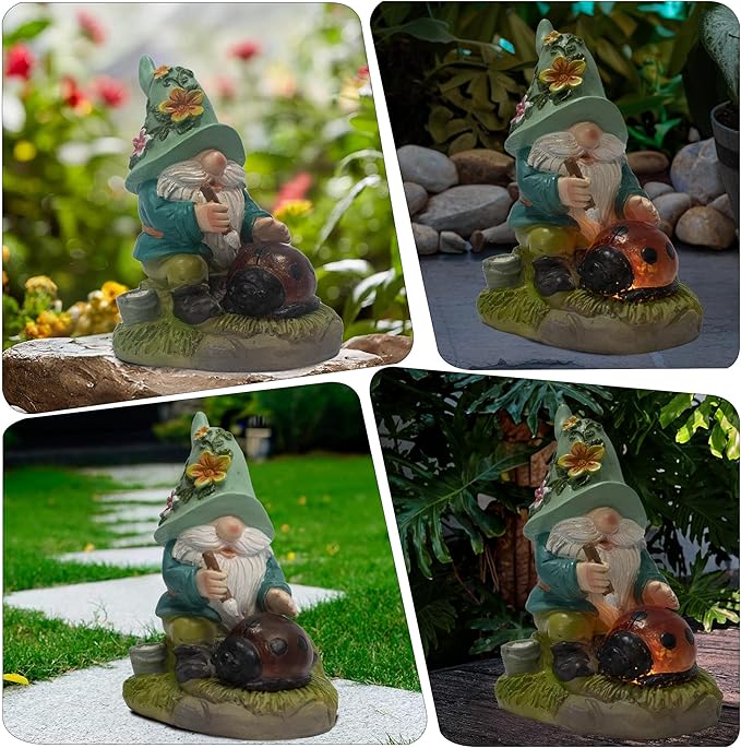 Garden Solar Gnomes Outdoor Statues with Ladybug Flower Gnome Outdoor Decor for Patio, Balcony, Lawn, Yard Ornament - Garden Gifts for Mothers Day, Housewarming, Festival