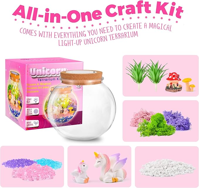 Unicorn Gifts for Girls - Light up Unicorn Terrarium Kit for Kids - DIY Unicorn Arts & Crafts Toy - Birthday Gifts for Kids Age 5 6 7 8-12 Year Old Girl Gift
