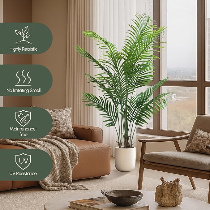 Artificial Palm Tree 4ft - Faux Tree Nearly Natural Indoor Outdoor, UV-Resistant Tall Artificial Plants, Standing Fake Plant Tree, Large Fakeplant for Home Office Living Room Decor