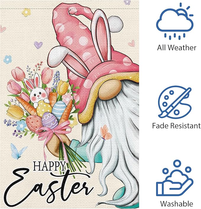 Heyfibro Happy Easter Bunny Gnome Garden Flag 12x18 Double Sided Burlap, Cute Rabbit & Egg Floral Outdoor Yard Banner for Spring Holiday Farmhouse Yard Outdoor Decor(ONLY FLAG)