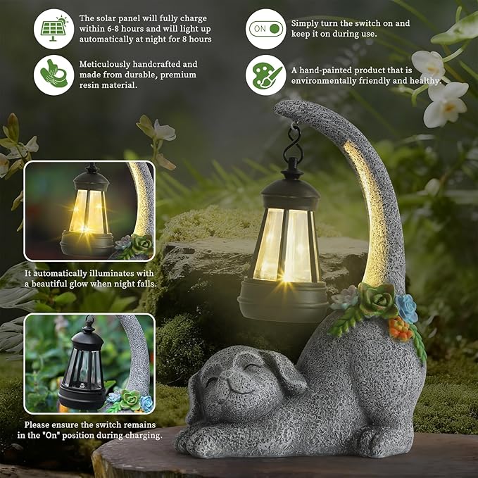 Ploxoiven Garden Cute Dog Gnome Statue Decorations - Solar Resin Dog with Solar Garden Lights Outdoor Decorations for Patio,Yard,Lawn,