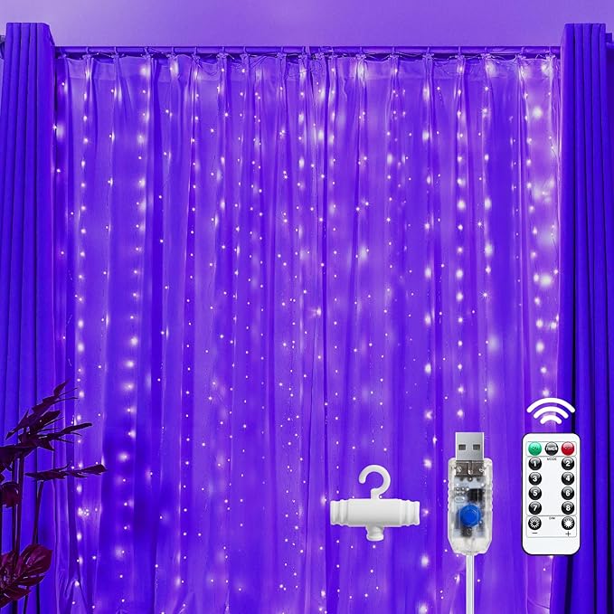 Brightown 300 LED Purple Fairy Curtain Lights, 9.8ft x 9.8ft String Lights, USB Plug in 8 Lighting Modes Christmas String Hanging Lights with Remote for Bedroom Indoor Outdoor Party Xmas Purple 1 Pack