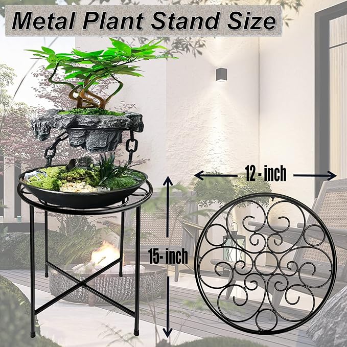 ZEECER Plant Stand Outdoor Indoor 15'' Tall Set of 1, Retro Design Single Rust-proof Coated Round Metal Plant Stand Flower Stands for Indoor Plants Patio Garden Home Decor