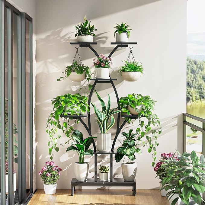 VOZZYOTO Plant Stand Indoor with Grow Lights - 7 Tiered Metal Corner Shelf for Multiple Plants, 63" Corner Plant Stand for Indoor Plants, X-Shaped Plant Rack for Home, Living Room, Office & Patio Decor