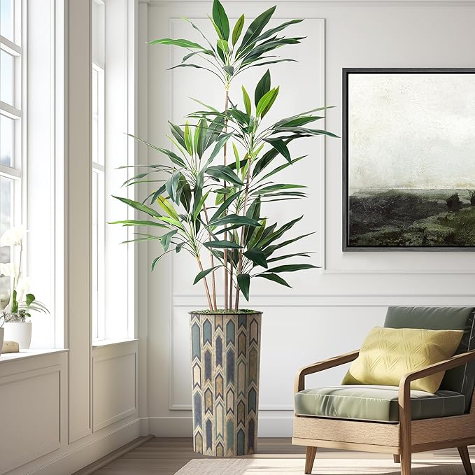SIGNWIN Artificial Tree in Modern Polygon Pattern Effect Planter, Fake Dracaena Tree Silk Tree for Indoor and Outdoor Home Decoration - 66" Overall Tall (Plant Pot Plus Tree)