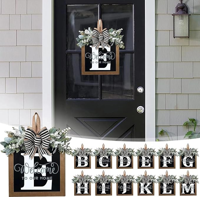 Last Name All Year Wreath, for Front Doors, Spring, Fall, 26 Last Name Letters All Year Round Wreaths, Suitable for Wedding Decorations, Home Porches, Farmhouses, Yards, Garden Decorations, Gifts (E)