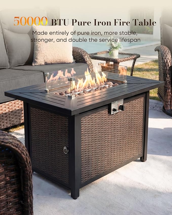 Belord Upgraded 6“ Cushion Luxury Patio Furniture Set with Fire Pit Table - 7 Piece Wicker Furniture Set with High Back Swivel Rocker Patio Chairs, Conversation Set for Deck Porch Yard - Brown/Grey