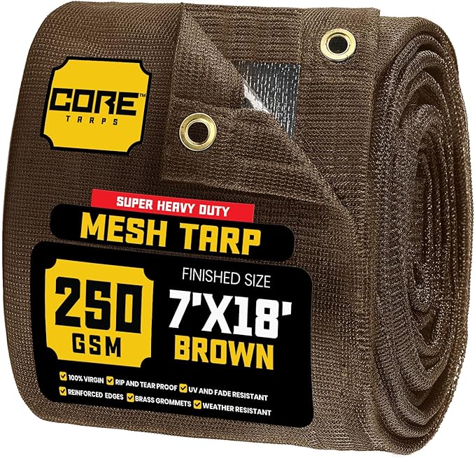 Core Tarps 60% Brown Shade Cloth with Grommets - 7 X 18 FT Heavy Duty Mesh Tarp - Sun Shade Cloth for Garden Vegetables Plants Greenhouse Outdoors Backyard Fences Dump Trucks Patio Mesh Shade Tarp