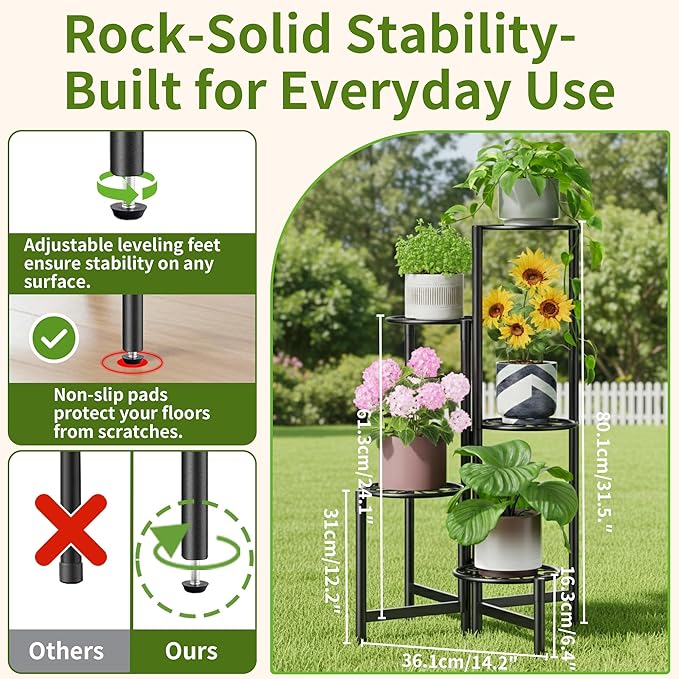 NQW Plant Stand Indoor Outdoor, 5 Tier Corner Metal Flower Display Holder Stand, Folding Tall Plant Rack for Patio Balcony Porch Garden Living Room House, Heavy Duty Wrought Iron Plant Shelf - BlackS