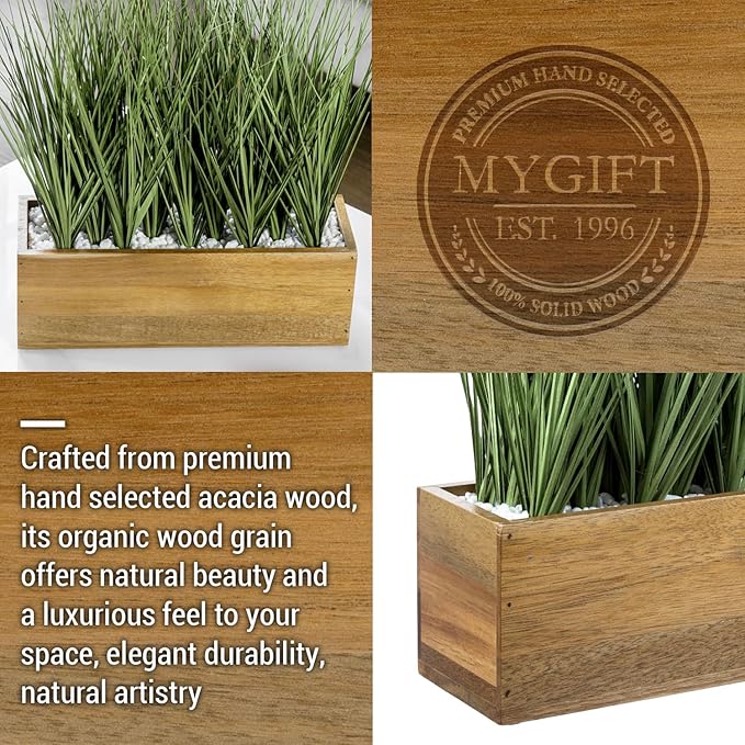 MyGift Artificial Grass Plants in Premium Acacia Solid Wood Planter Box, 12 Inch Decorative Wooden Container with Faux Greenery Plant, Indoor Table Decor