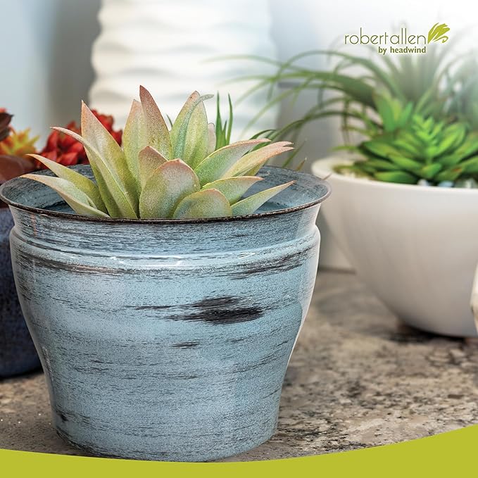 Headwind Glazed Ironstone Vanhorne Collection – 8" Azure Blue Decorative Plant Pot – Lightweight & Triple Coated w/Drainage Flower Pots for Indoor Plants & Outdoor Planter Use by Robert Allen