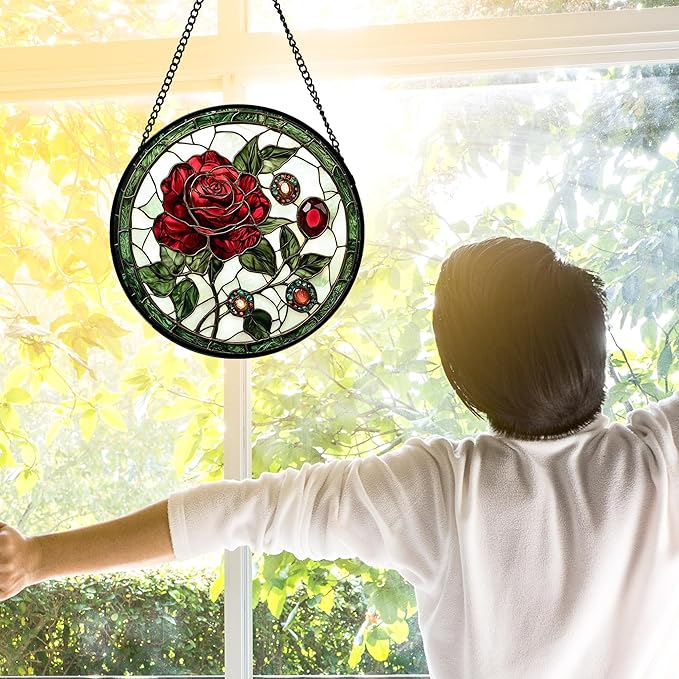 DASTOLL Stained Glass Window Hanging, Red Rose Gemstone Green Sun Catchers Diamond Glass Panel Hangings Suncatcher Decor for Birthday for Women, Men, Wife, Aunt, and Mom 7.8 in