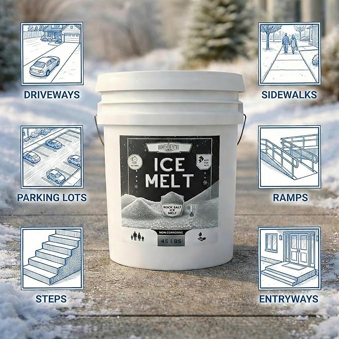 Rock Salt Ice Melt Pail Effective to -25°F, Eco-Friendly De-Icer, Optimal Granule Size for Quick Melting, Ideal for Driveways, Walkways, and Entryways (8 lb)