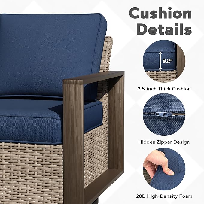 Outdoor Patio Swivel Rocker Chairs, 5 Pieces Wicker Furniture Set, 2 Swivel Rocking Chairs, 1 Sofa and 2 Ottoman, Metal Wide Armrest, Thick Cushions and Deep Seating for Garden, Backyard, Porch, Deck