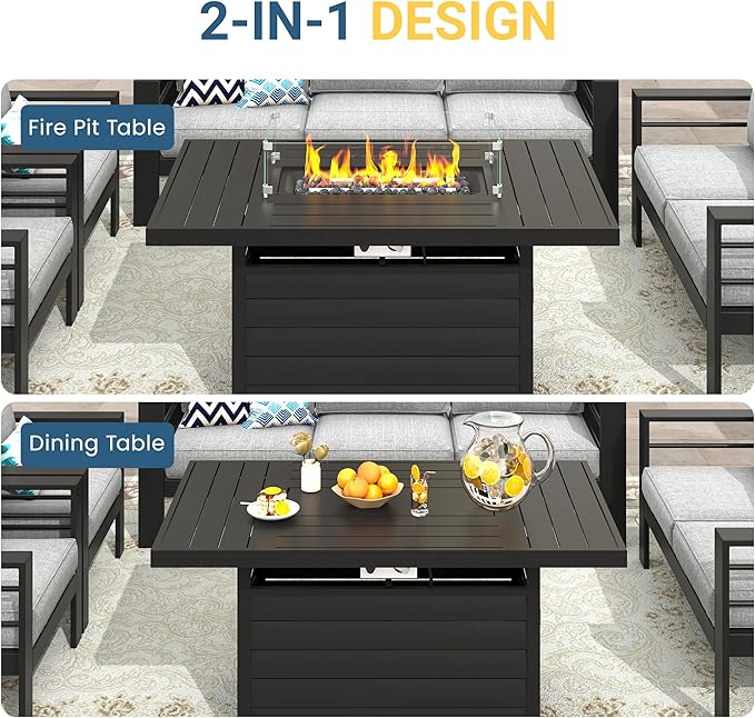 Wisteria Lane Aluminum Patio Furniture Set, 7 Seats Metal Outdoor Furniture Set with 54 Inch Propane Gas Fire Pit Table, Patio Conversation Set