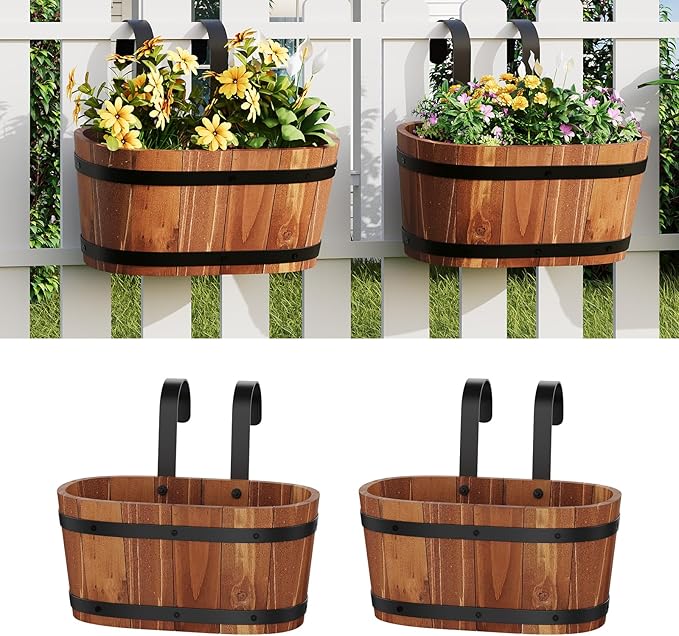 Wooden Hanging Planter for Railing Fence Outdoor Planter Railing Planter Boxes for Plants Wall Planters Window Flower Box Hanging Bucket Pots Countryside Plant Holder (Brown,2pcs,Small)