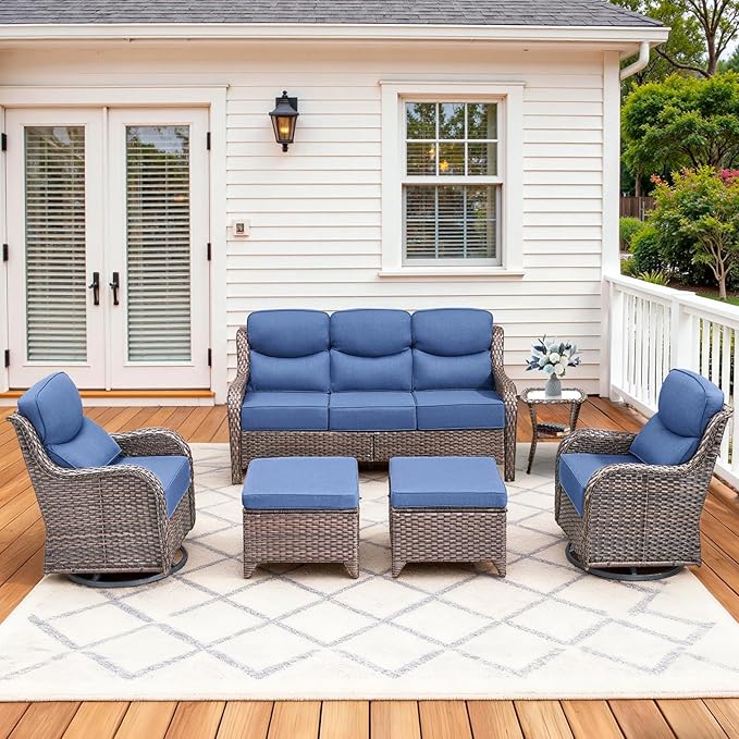 Luxury High Back Patio Furniture Set with 6-Inch Thick Cushions, 6-Pieces Outdoor Furniture with Swivel Chairs &Side Table, Wicker Conversation Set for Porch, Balcony, Deck and Yard, Brown/Blue