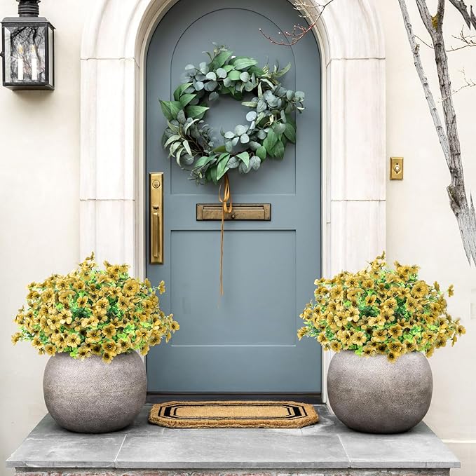 ATTGREAT Artificial Flowers Outdoor Faux Plants UV Resistant Fake Patio Flowers Plastic Greenery Plnats Outside Bulk for Spring Garden Hanging Planter Home Vase Decor, 12 Bundles (Yellow)