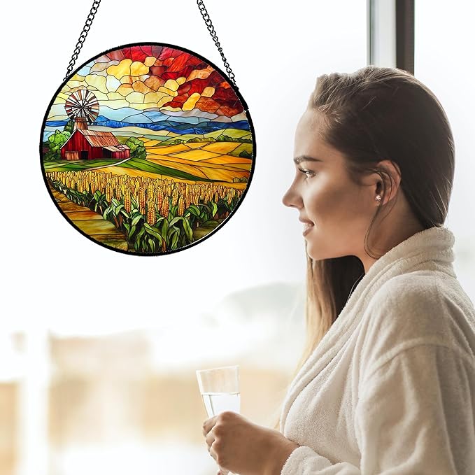 HWRHTR Stained Glass Window Hanging Autumn Farm Corn Harvest Landscape 6.3" - Suncatcher Garden Door Sun Catcher Home Decor Birthday Christmas for Woman Mom Friend Men Nana