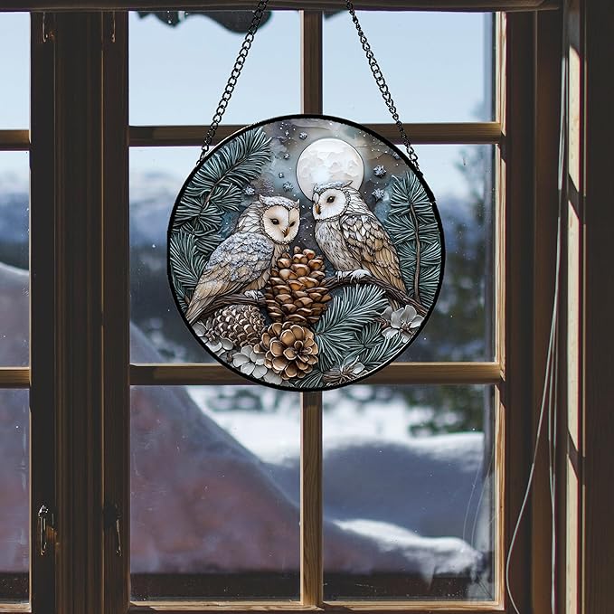 Stained Glass Window Hanging - Owl On A Tree Suncatcher for Doors Garden Patio Winter Scene Sun Catchers Decor Christmas Mother's Day Birthday Gifts for Women Men Mom Nana Friend 9.8 in