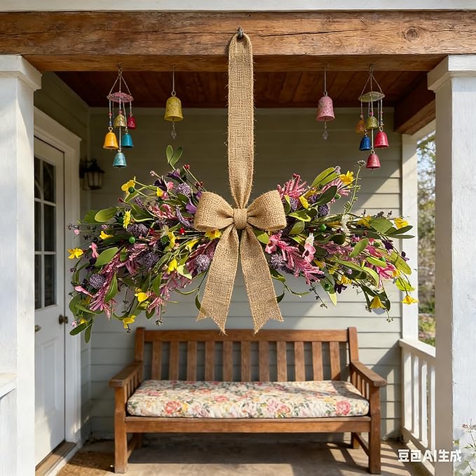 22'' Spring Floral Swag Wreath for Front Door Artificial Greenery Flower Teardrop Swag with Pink Yellow Daisy Wildflower Lavender for Farmhouse Kitchen Cabinet Porch Wall Window Wedding Arch