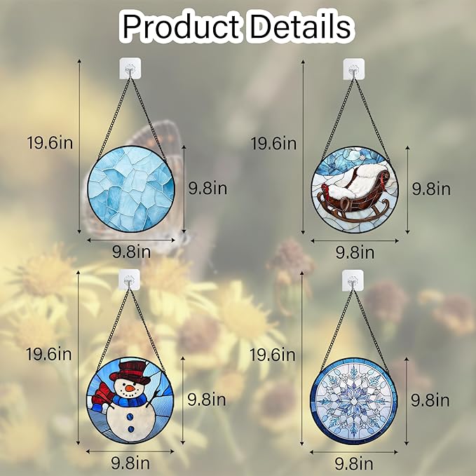 AMDERVEN Stained Glass Window Hanging 4 Pcs Set Blue White Christmas Snowman Snowflake 9.8" - Suncatcher Door Garden Sun Catcher Decor Birthday Mother's Day Xmas Gifts for Mom Woman Nana Men