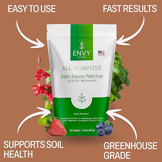 ENVY All-Purpose Plant Fertilizer, 0.5 Pound - Makes 50 Gallons, for Indoor and Outdoor Plants, Pet Safe, Water Soluble, Made in USA
