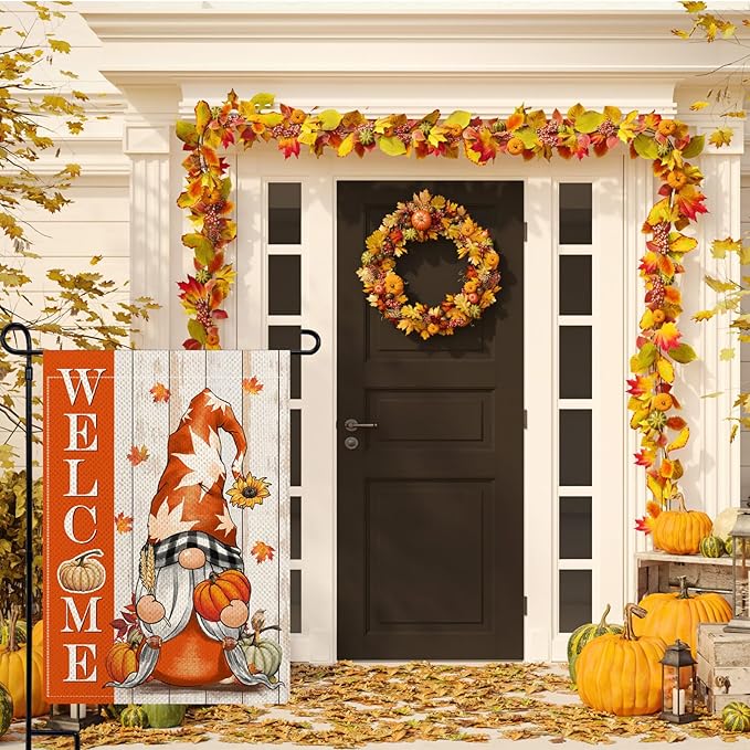 Gnome Fall Garden Flags for Outside, Welcome Fall Garden Flags 12x18 Double Sided, Rustic Pumpkin Gnome Small Holiday Lawn Flags, Autumn Harvest Gnomes Decorations for Yard Farmhouse