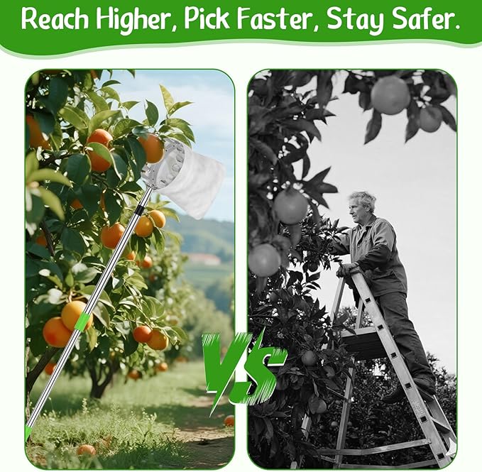 BURMONG 6.6 FT Fruit Picker Tool with Stainless Steel Pole & Soft Cloth Basket – Lightweight Tree Fruit Harvester for Apple, Mango, Orange, Pear, Lemon, Plum & More – Rust-Resistant, Easy Assembly