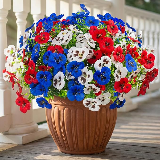 36 Pcs Artificial Fake Pansy Flowers for Outdoor, UV Resistant Faux Silk Pansies Spring Flowers for Outside for Planter Front Door Porch Yard Patio Window Box Home Decor (36, Red, White, Blue)