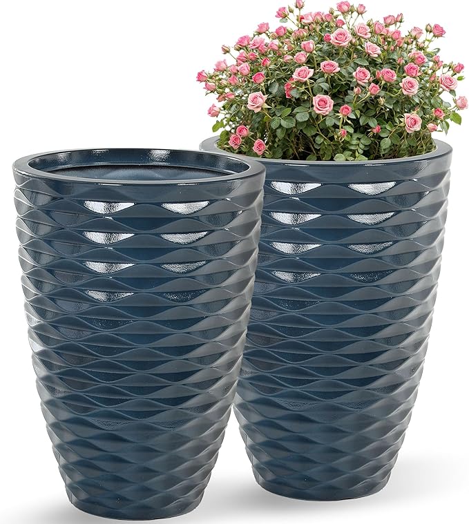 Ultym 19" H Coastal Planter for Indoor/Outdoor Plants, Set of 2 Large Flower Pot with Drainage Hole, Weather/UV Resistant Resin Planters for Garden Patio Porch Home office Decor, Glossy Navy Blue Wavy