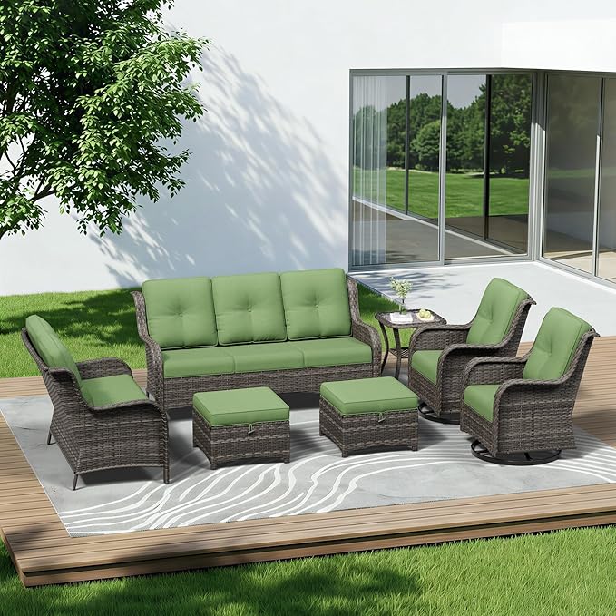 7 Piece Outdoor Wicker Patio Furniture Set, Outdoor Swivel Rocker Patio Chairs Set with Thickened Olefin Cushions, High Back and Deep Seating, Hand-Woven PE Rattan for Porch, Deck