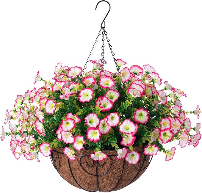 Ivydale Artificial Faux Hanging Plants Flowers Basket for Outdoor Outside Decoration, Silk Pink Morning Glory in Planter Look Real UV Resistant Fake Flowers for Spring Summer Porch Home Patio Balcony