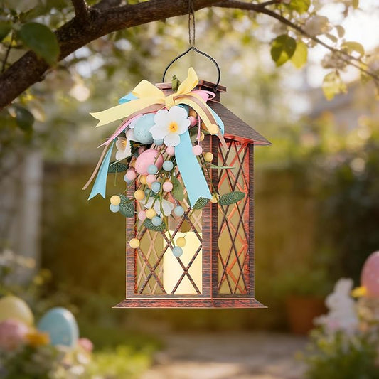 Easter Solar Lanterns Outdoor Waterproof, Hanging Spring and Easter Lantern with Flickering LED Candle, 13'' Bronze Outside Solar Powered Decorative Lantern for Patio Porch Garden Yard Pathway, 1 Pack